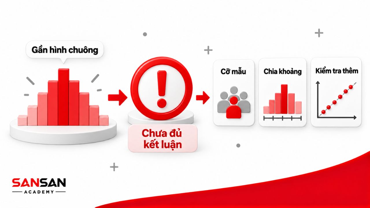 Histogram gần hình chuông vẫn cần kiểm tra thêm trước khi kết luận chuẩn