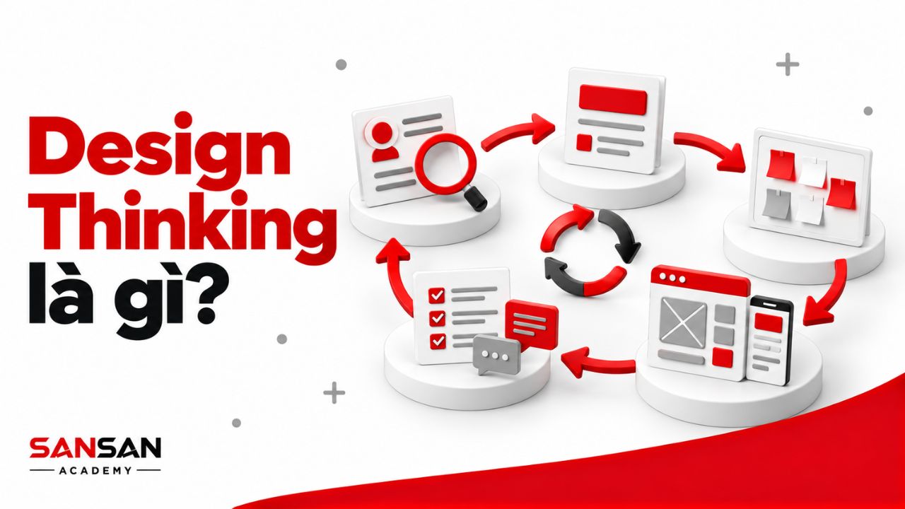 Quy trình Design Thinking lặp lại từ người dùng đến thử nghiệm