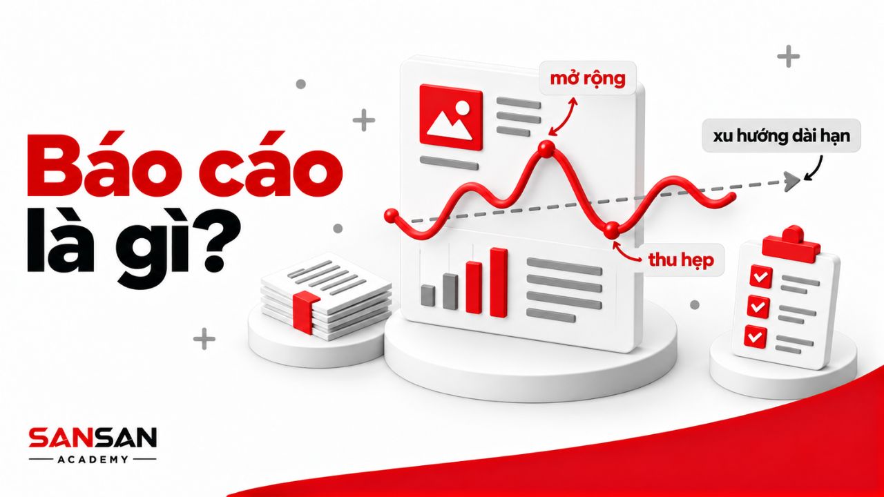 Đồ thị dao động quanh đường xu hướng với các pha mở rộng và thu hẹp.