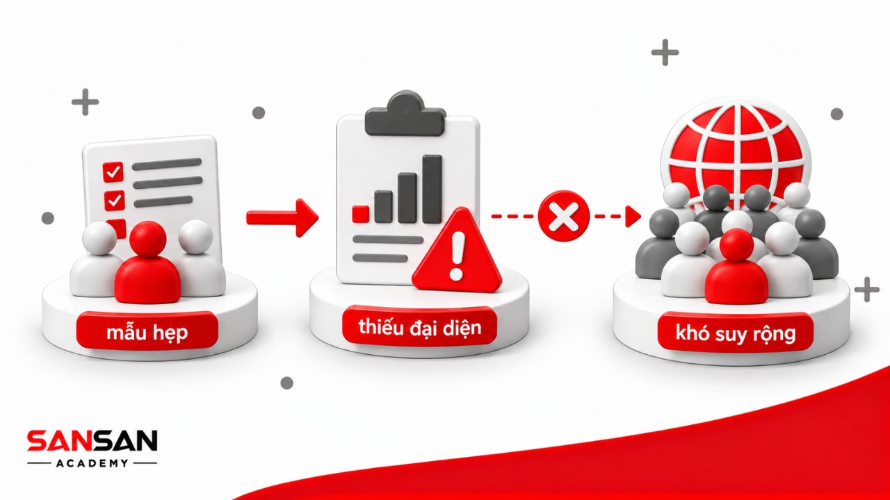 Mẫu khảo sát hẹp không đủ cơ sở đại diện cho toàn bộ tổng thể.