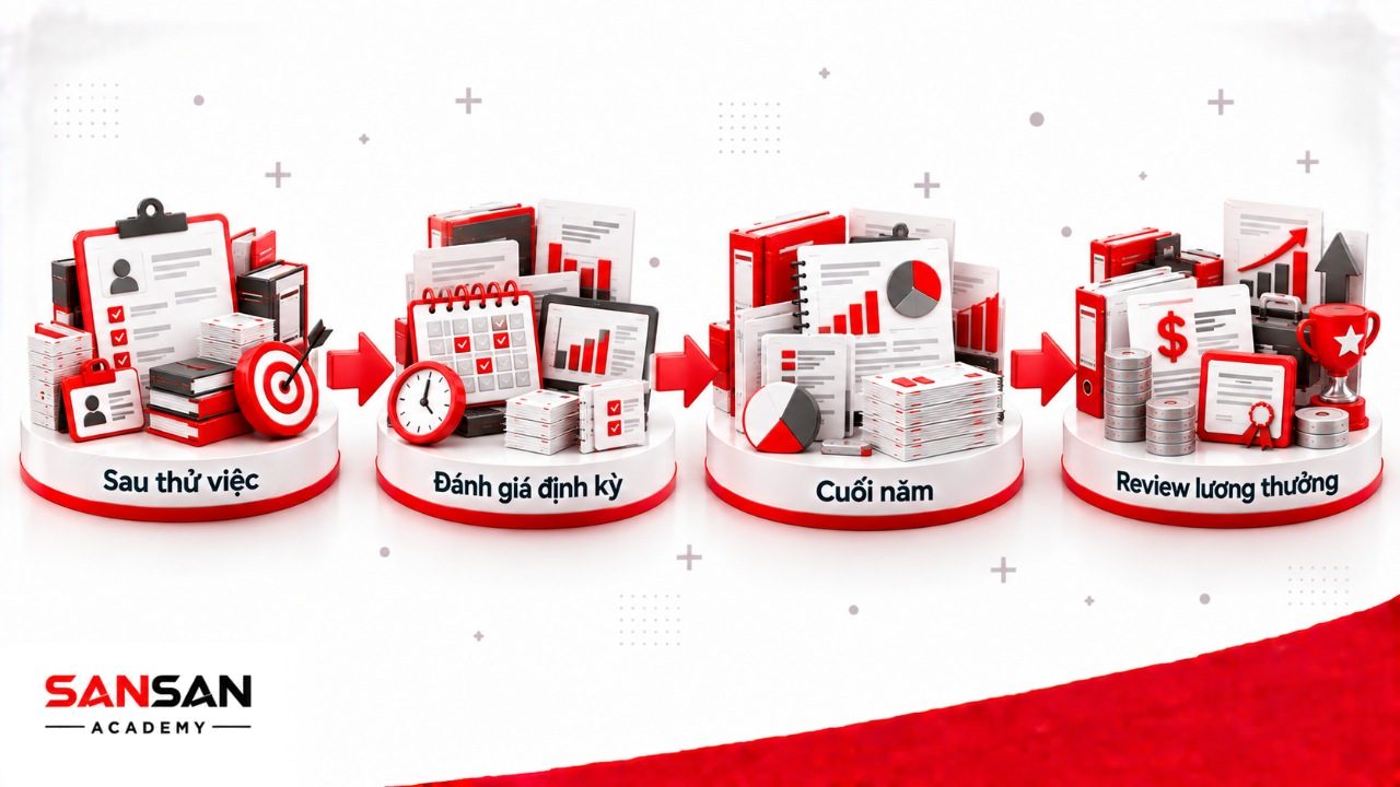 Các thời điểm đánh giá nhân viên gồm sau thử việc, theo tháng quý, cuối năm và trước kỳ lương thưởng hoặc thăng tiến.