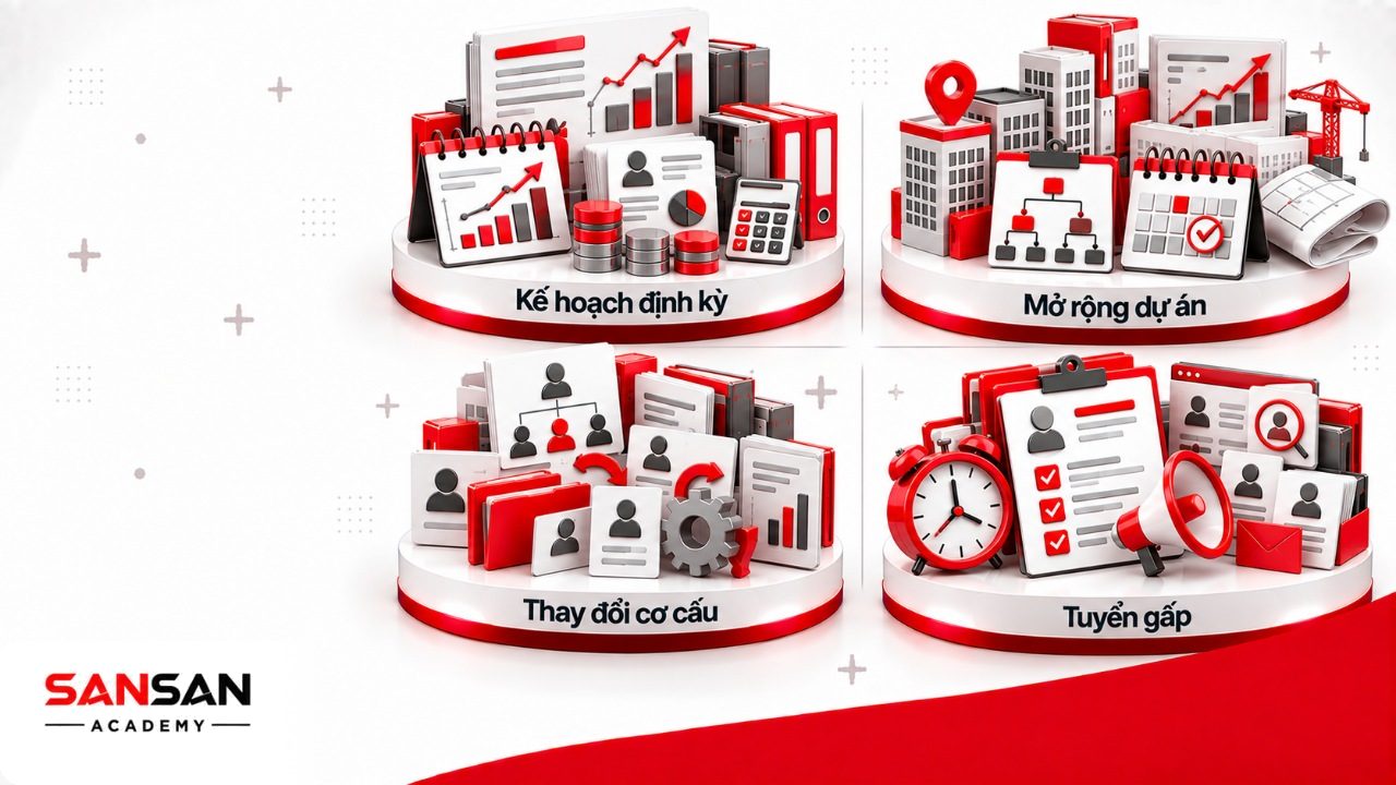 Khi cần lập kế hoạch tuyển dụng theo năm quý, mở chi nhánh dự án mới, thay đổi cơ cấu hoặc phát sinh vị trí cần tuyển gấp.