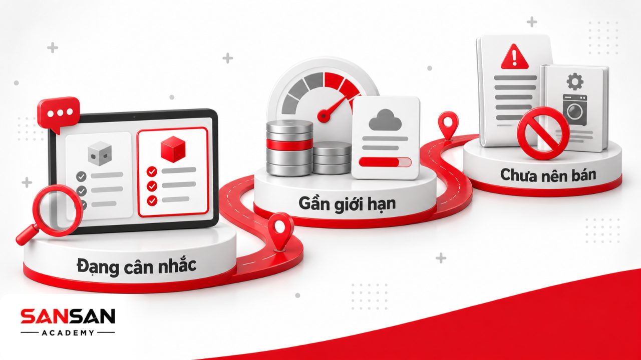Minh họa thời điểm nên đề xuất upsell khi khách đang cân nhắc phiên bản hoặc sắp chạm giới hạn sử dụng, và khi chưa nên nâng cấp.