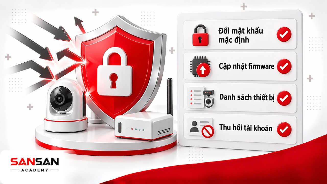 Khiên bảo mật thiết bị IoT kèm danh sách kiểm tra mật khẩu, firmware, danh sách thiết bị và tài khoản