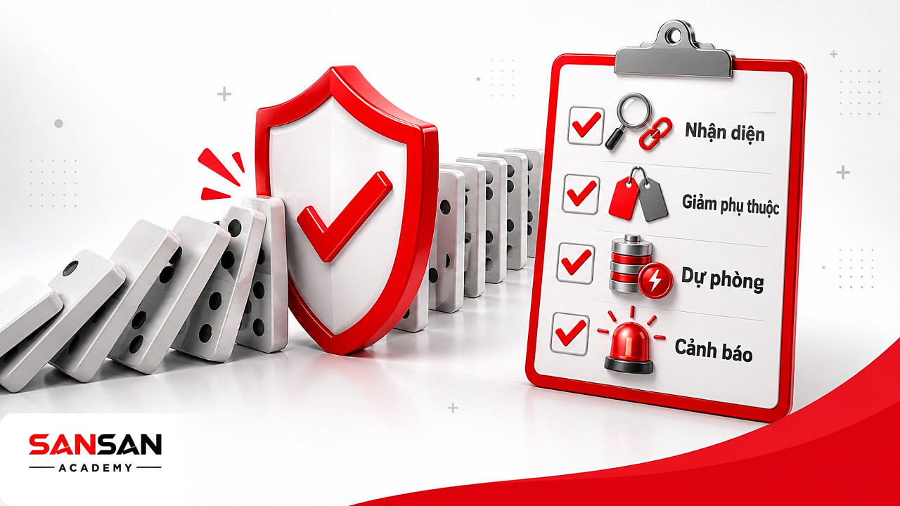 Khiên đỏ trắng chắn giữa hàng domino đang đổ cạnh bảng kiểm nhận diện, dự phòng, cảnh báo hiệu ứng domino tiêu cực