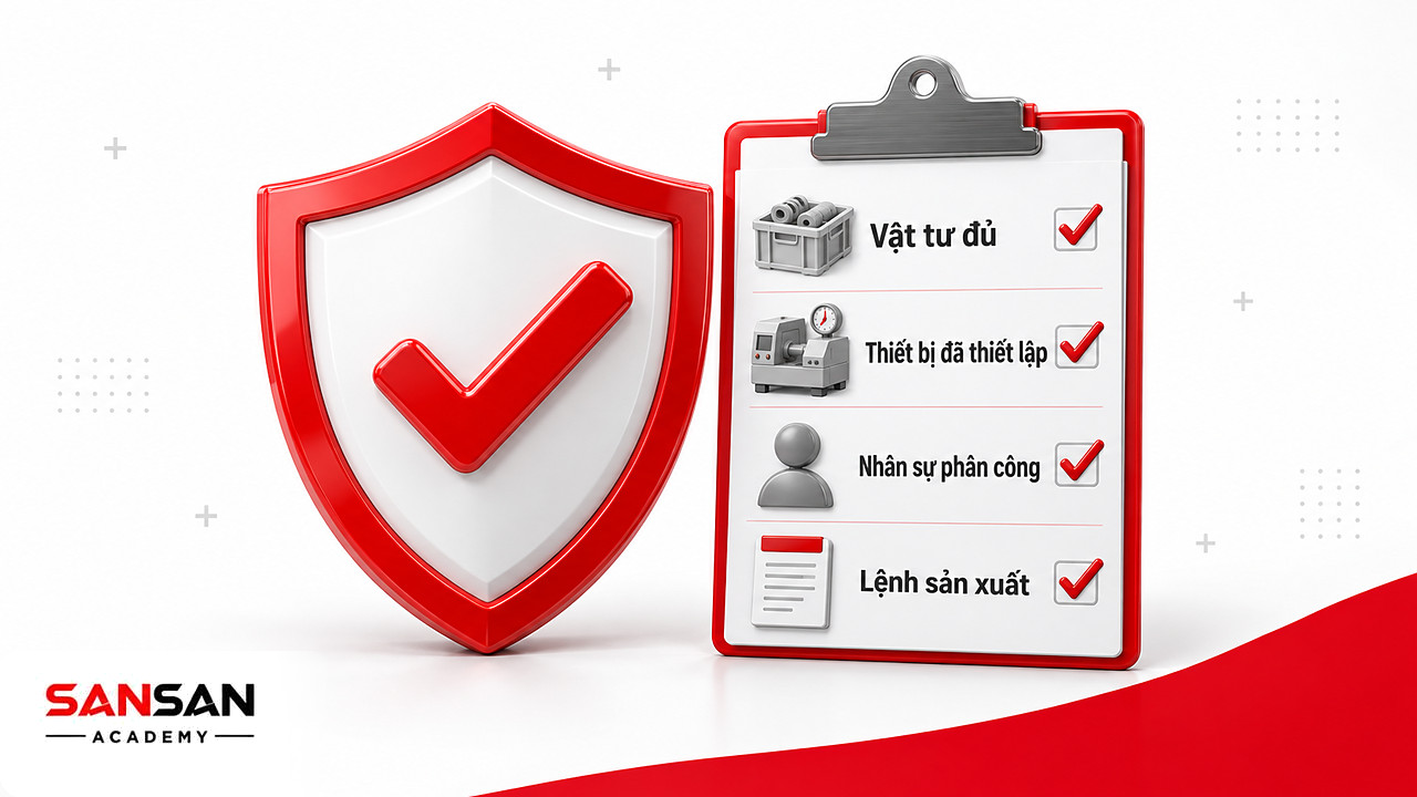 Khiên và danh sách kiểm tra vật tư, thiết bị, nhân sự trước khi triển khai lệnh sản xuất