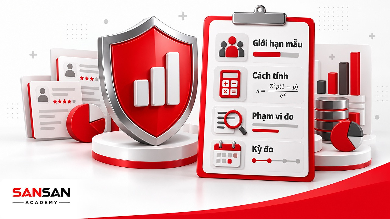 Khiên đỏ và danh sách kiểm tra cỡ mẫu, công thức, câu hỏi khảo sát, kỳ đo trước khi dùng CSAT để đánh giá
