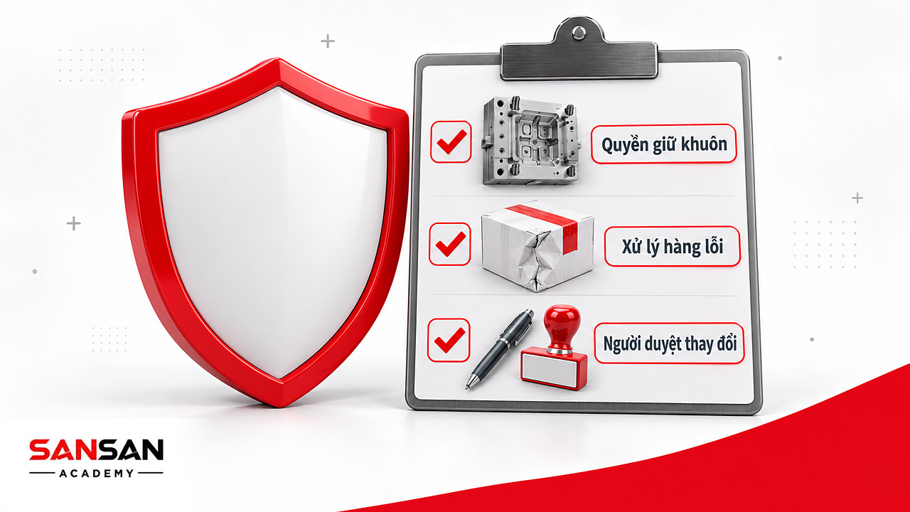 Khiên và hợp đồng sản xuất OEM ghi rõ quyền giữ khuôn, xử lý hàng lỗi và người duyệt thay đổi