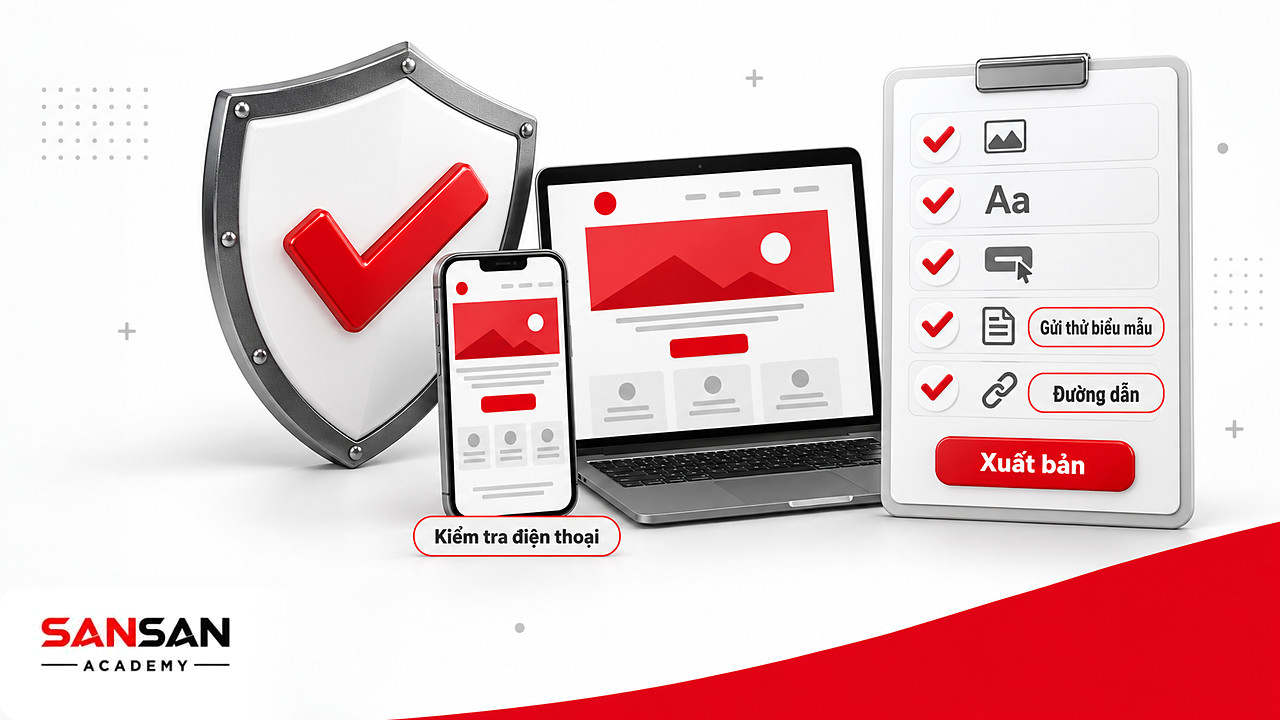 Khiên và danh sách kiểm tra Landing Page trên điện thoại, thử gửi biểu mẫu và đường dẫn trước khi xuất bản