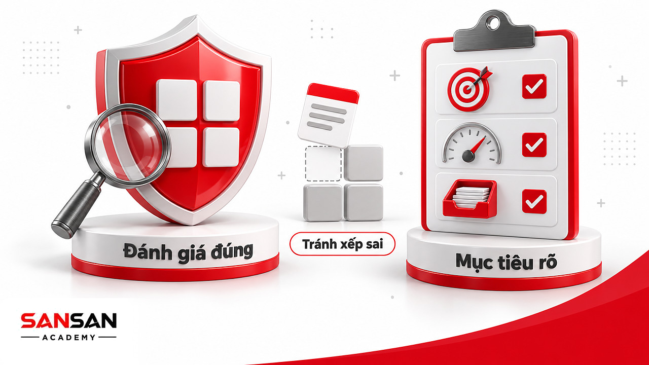 Khiên có lưới bốn ô cạnh danh sách kiểm tra mục tiêu, áp lực và xếp nhóm khi áp dụng ma trận Eisenhower