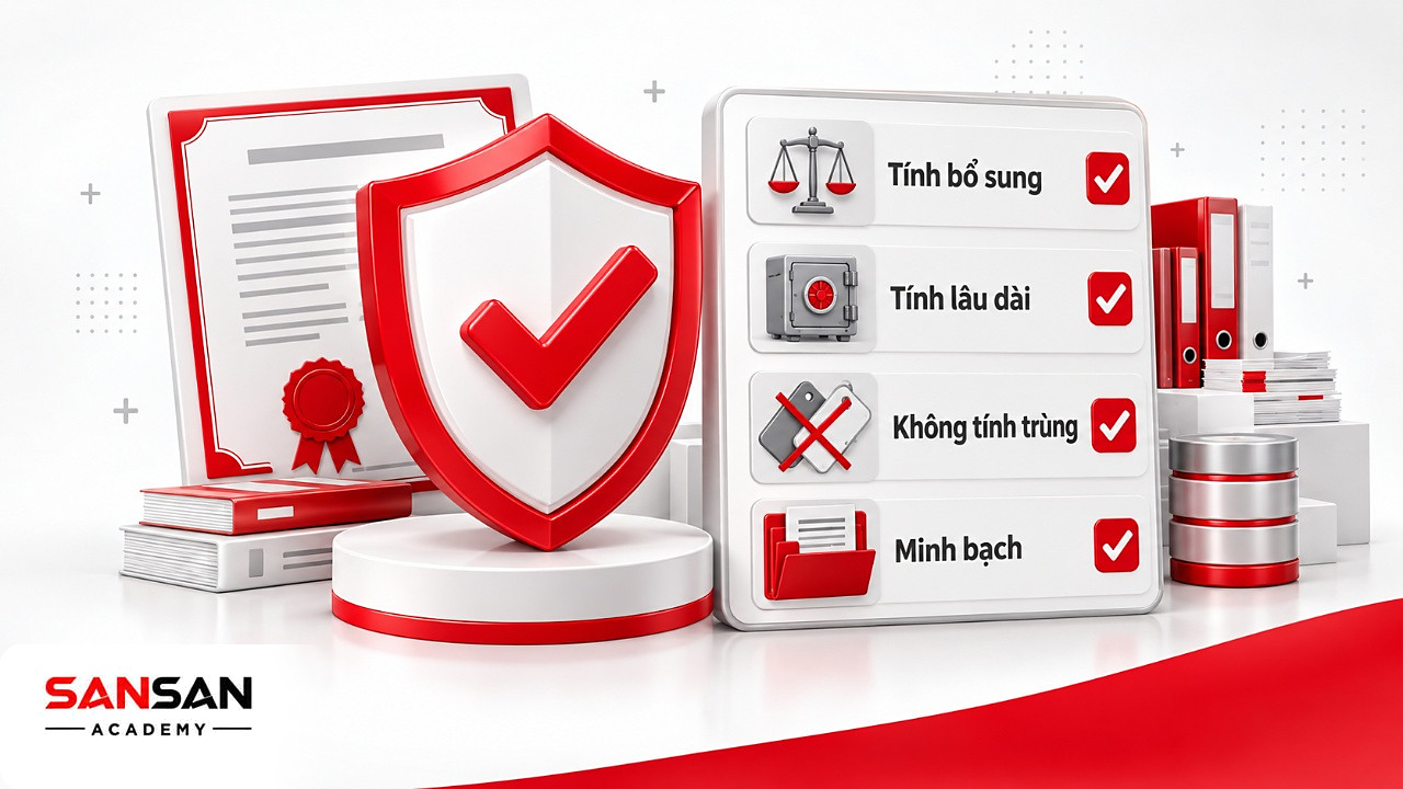 Khiên đỏ và bảng kiểm bốn tiêu chí bổ sung, lâu dài, không tính trùng, minh bạch của tín chỉ carbon