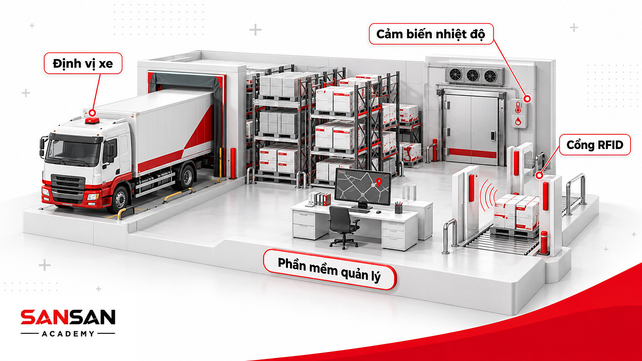 Kho hàng thu nhỏ dùng IoT với xe gắn định vị, cảm biến nhiệt độ ở cửa kho lạnh và cổng đọc RFID