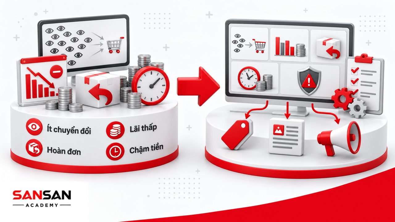Khó khăn khi bán hàng online gồm ít chuyển đổi, chi phí cao, hủy hoàn đơn, chậm tiền COD và phụ thuộc nền tảng.
