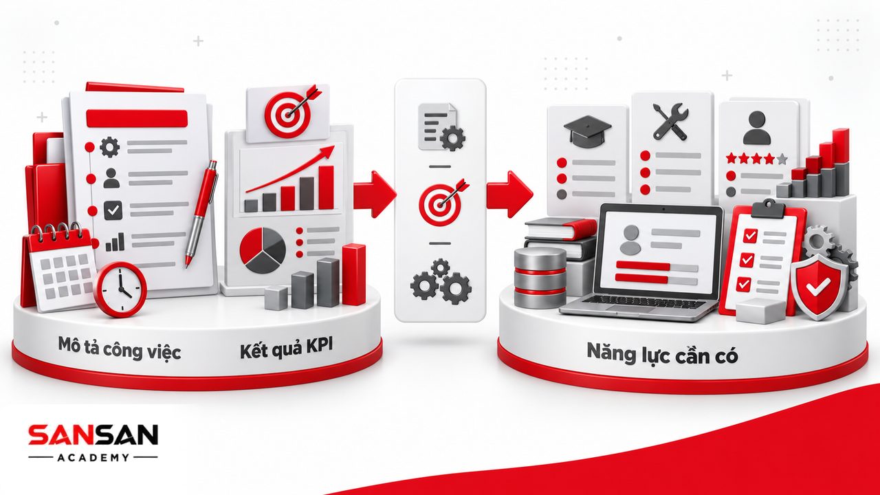 Phân biệt khung năng lực với mô tả công việc và KPI theo nhiệm vụ, kết quả và năng lực cần thiết của vị trí.