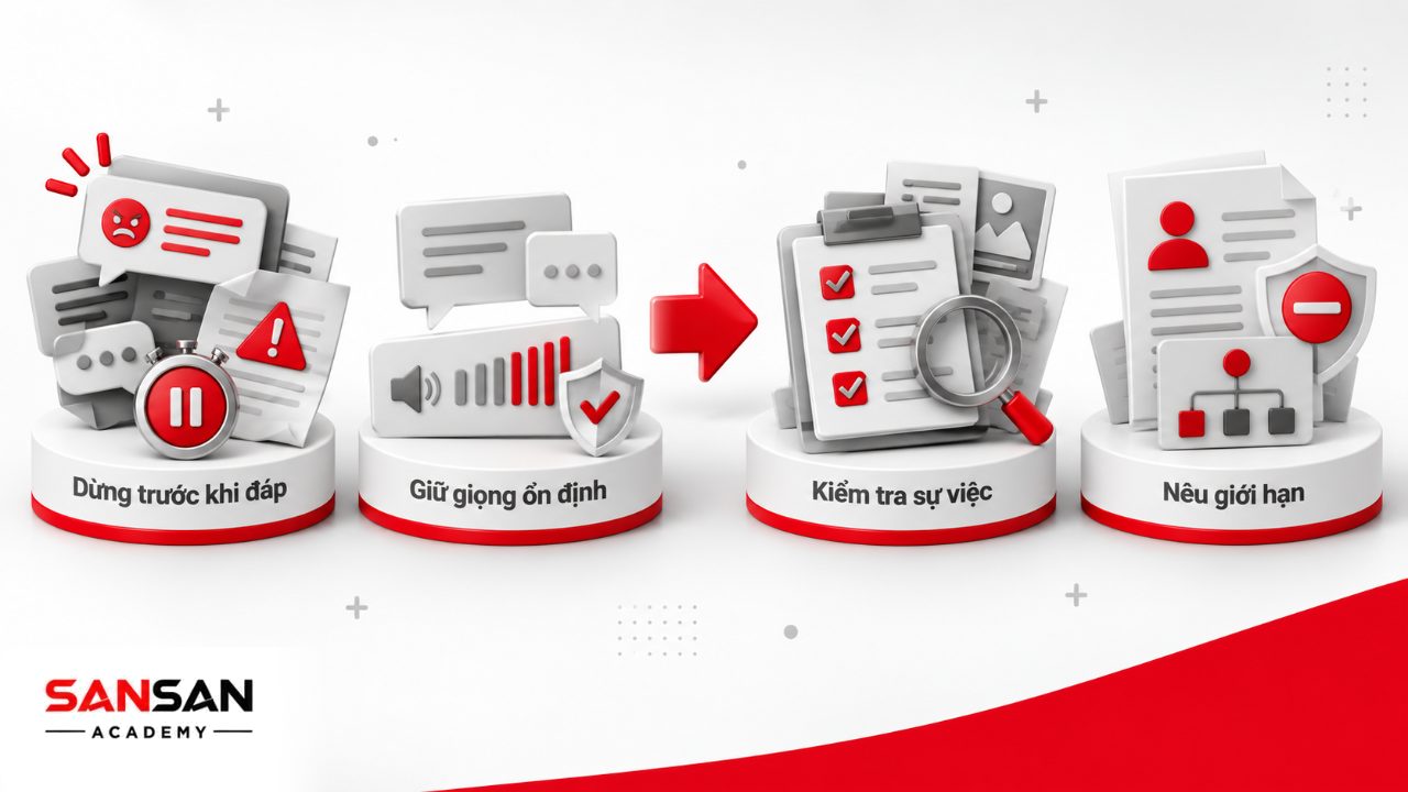 Kiểm soát cảm xúc khi giao tiếp với khách hàng bằng cách giữ giọng ổn định, xác minh sự việc và nêu rõ giới hạn hỗ trợ.