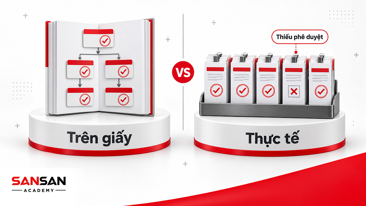 So sánh quy trình trên giấy với hồ sơ thực tế giúp kiểm toán nội bộ phát hiện giao dịch thiếu phê duyệt