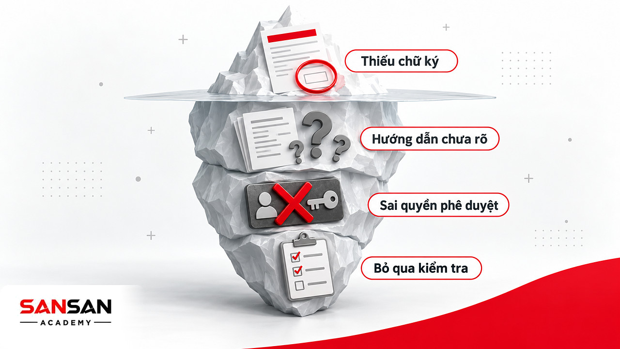 Tảng băng chìm: hồ sơ thiếu chữ ký nổi trên mặt, kiểm toán nội bộ soi ba nguyên nhân nằm bên dưới