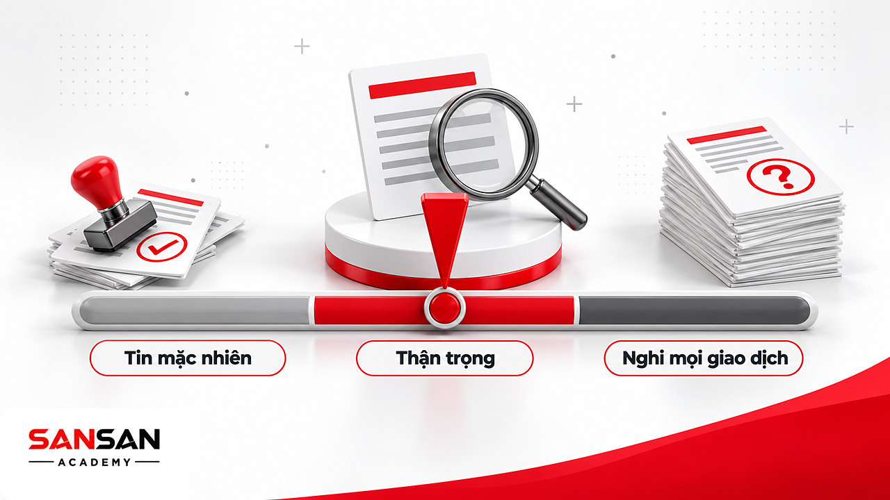 Thanh thang đo mức thận trọng của kiểm toán nội bộ từ tin mặc nhiên đến nghi ngờ mọi giao dịch