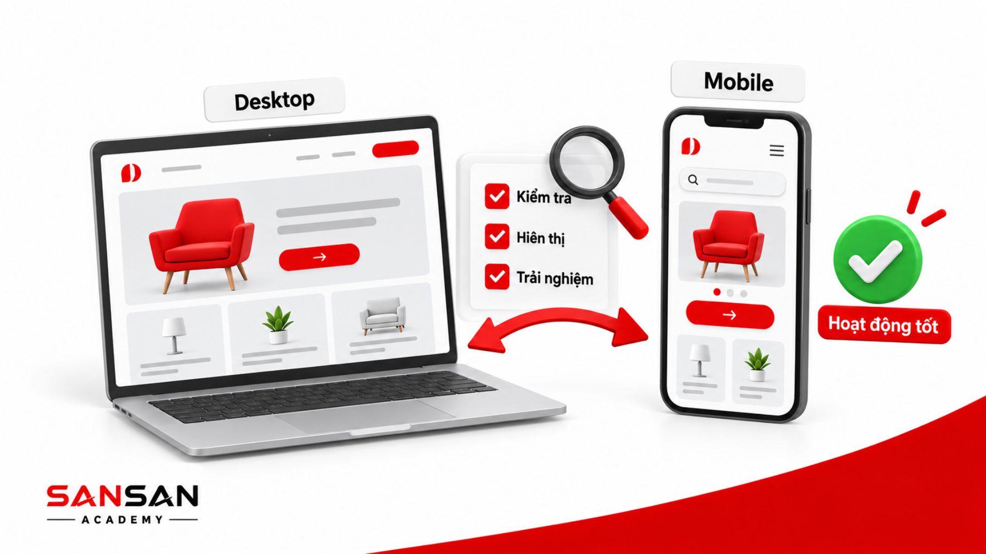 Kiểm tra trải nghiệm UI trên desktop và mobile để bảo đảm khả năng hiển thị, thao tác và sử dụng ổn định trên nhiều thiết bị.