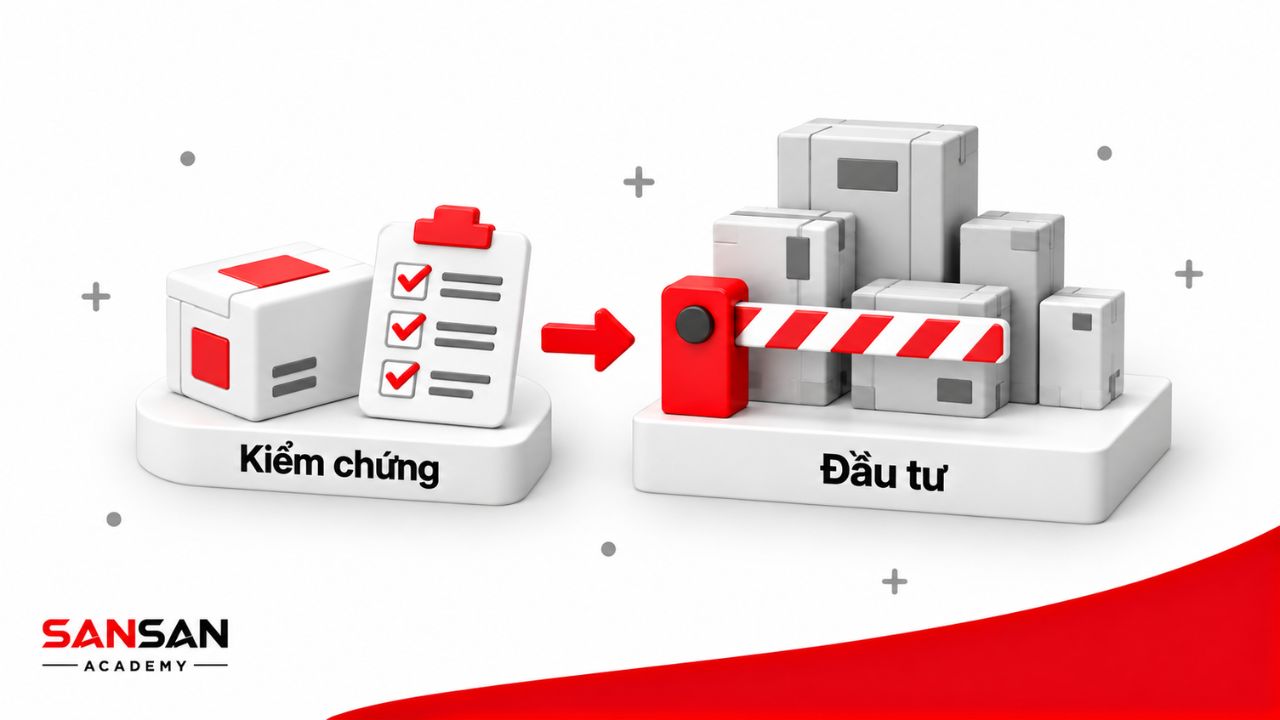 Mô hình 3D minh họa việc kiểm tra ý tưởng bằng thử nghiệm và bảng đánh giá trước khi quyết định đầu tư lớn.
