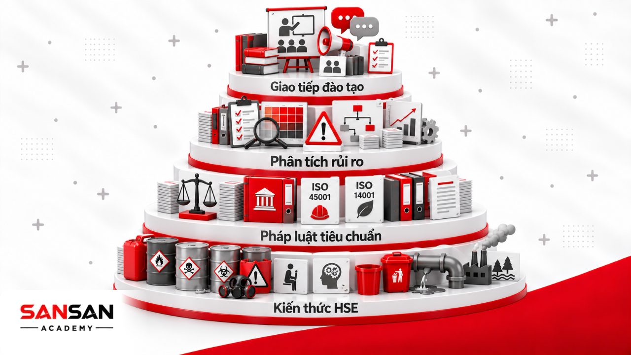 Kiến thức kỹ năng HSE gồm an toàn sức khỏe môi trường, pháp luật tiêu chuẩn, đánh giá rủi ro và giao tiếp đào tạo.