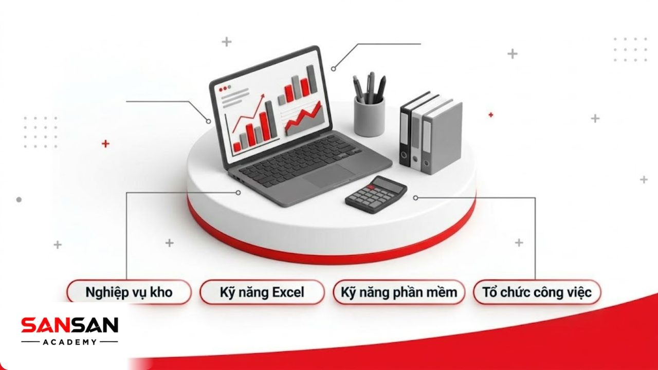 Bàn làm việc 3D matte với các thiết bị kho và chú thích kỹ năng.