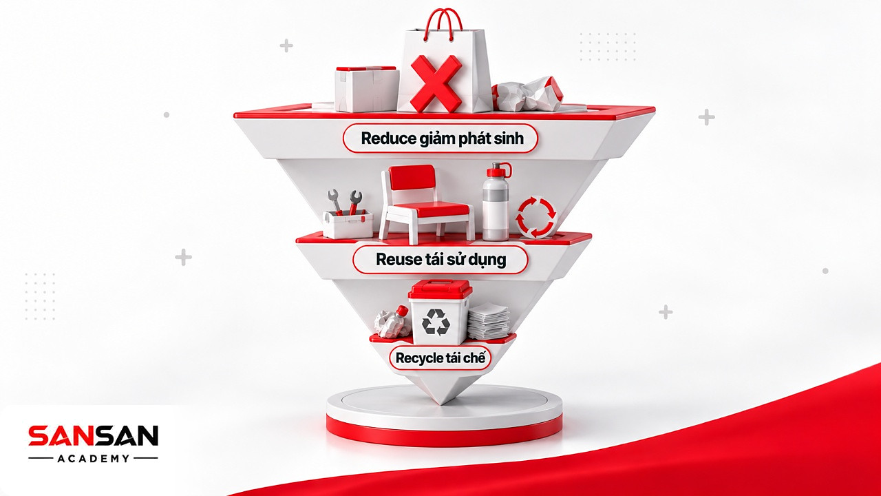Kim tự tháp ngược 3R: giảm phát sinh ở tầng rộng nhất, tái sử dụng ở giữa, tái chế ở đáy vì môi trường xanh
