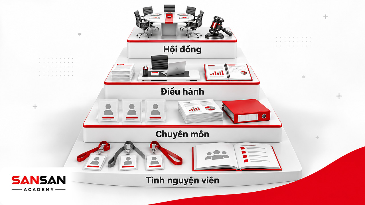 Kim tự tháp bộ máy tổ chức phi lợi nhuận gồm hội đồng, điều hành, nhân sự chuyên môn và tình nguyện viên