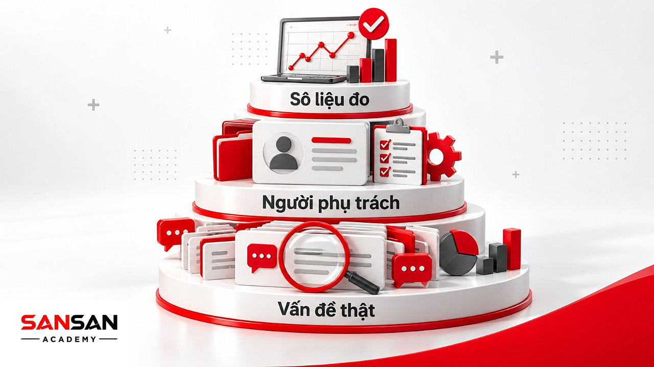 Kim tự tháp ba tầng gồm thẻ khiếu nại, kế hoạch có người phụ trách và biểu đồ theo dõi khi nâng chỉ số CSAT