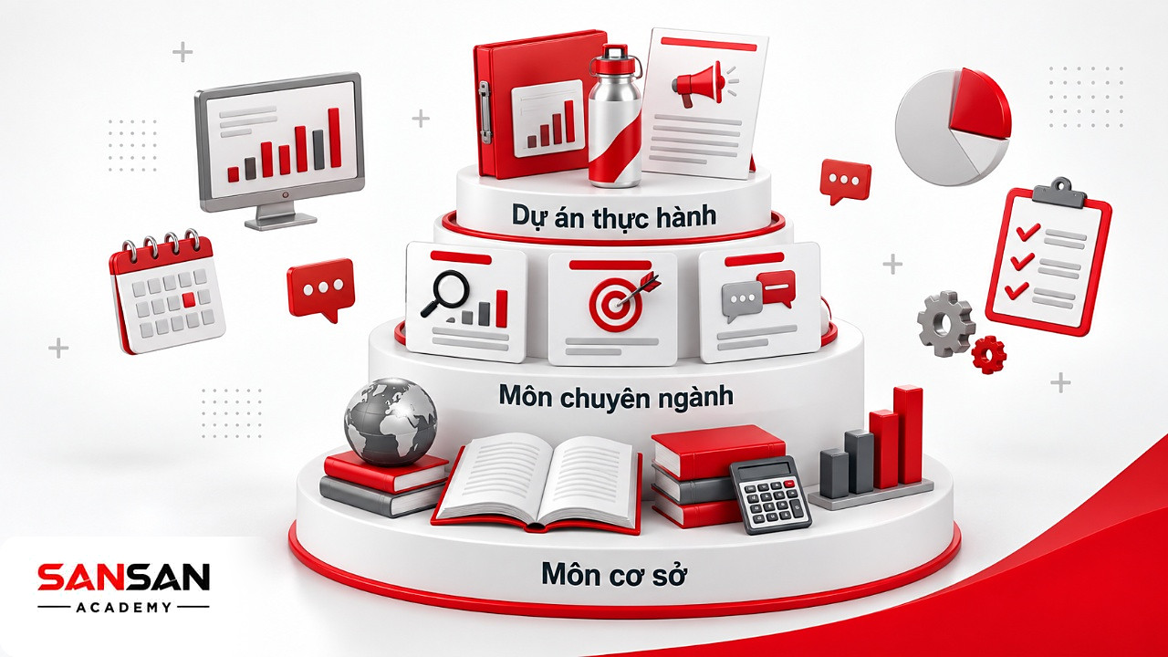 Kim tự tháp ba tầng môn cơ sở, môn chuyên ngành và dự án thực hành của ngành Marketing