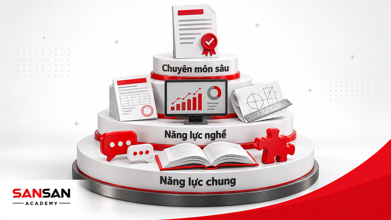 Kim tự tháp ba tầng: năng lực chung ở đáy, năng lực nghề ở giữa, bản báo cáo cần cả hai ở đỉnh