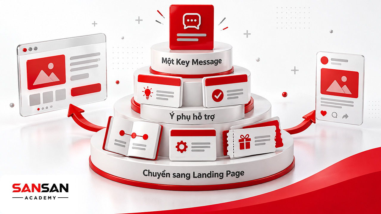 Kim tự tháp với một Key Message ở đỉnh và các ý phụ xếp tầng bên dưới trong TVC