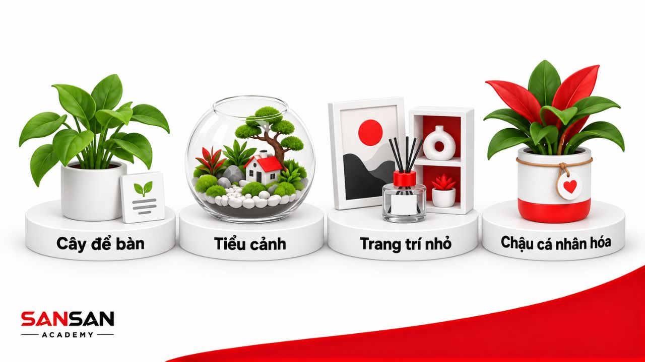 Cây để bàn, tiểu cảnh và đồ trang trí cho không gian nhỏ.