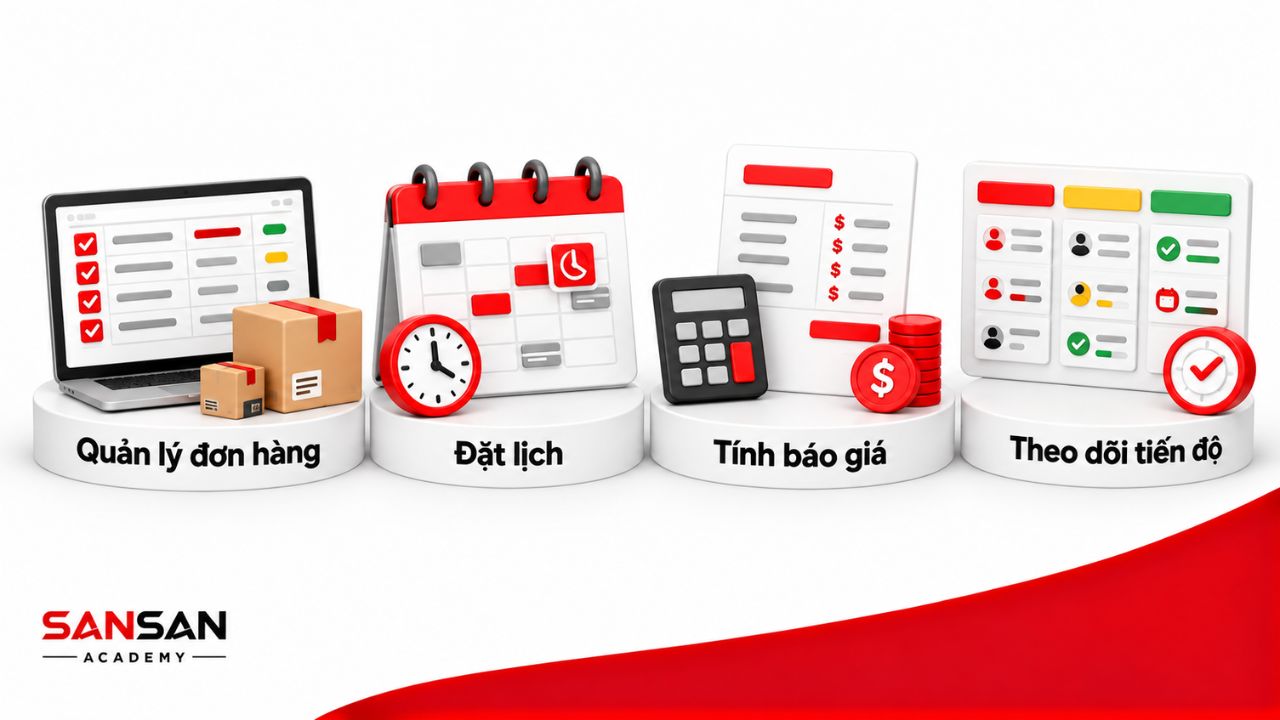 Công cụ quản lý đơn hàng, đặt lịch, báo giá và tiến độ.
