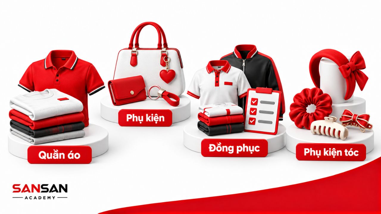 Các nhóm quần áo, đồng phục và phụ kiện có thể kinh doanh.