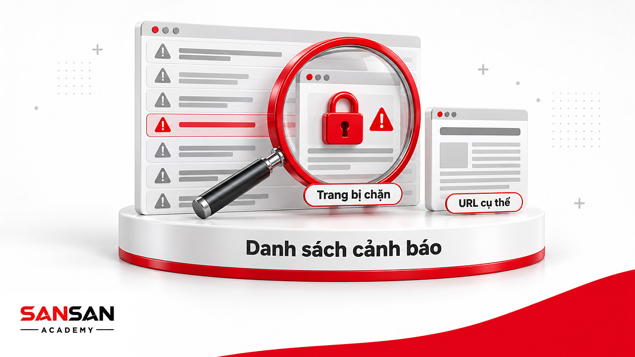 Kính lúp soi cảnh báo của phần mềm SEO tới URL cụ thể, tìm ra trang quan trọng đang bị chặn
