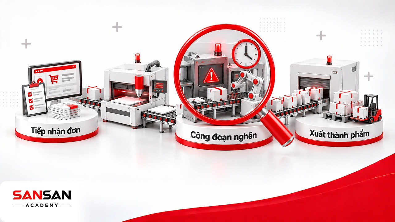 Kính lúp soi công đoạn nghẽn trên dòng công việc từ tiếp nhận đơn tới xuất thành phẩm khi làm công nghiệp thông minh