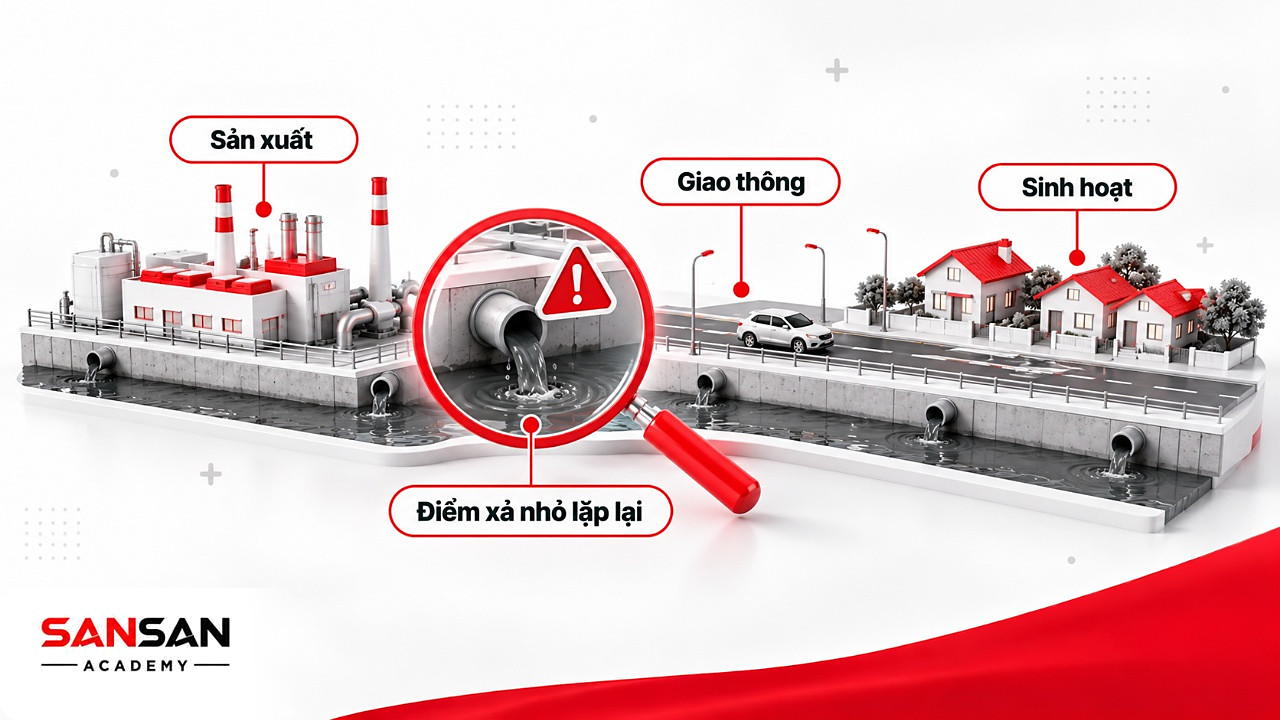 Kính lúp soi điểm xả nhỏ lặp lại cạnh nhà máy, đường giao thông và khu dân cư, mối đe dọa với môi trường xanh