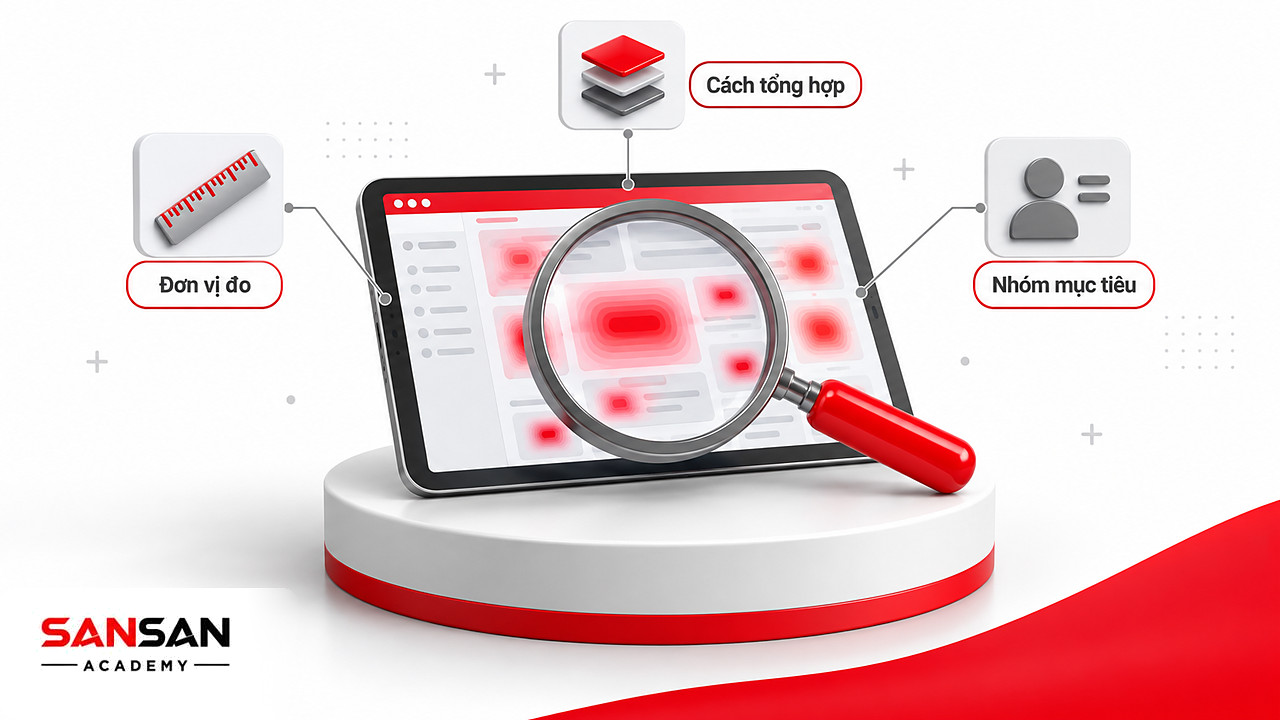 Kính lúp lớn soi heatmap trên máy tính bảng với ba chú thích đơn vị đo, cách tổng hợp và nhóm mục tiêu