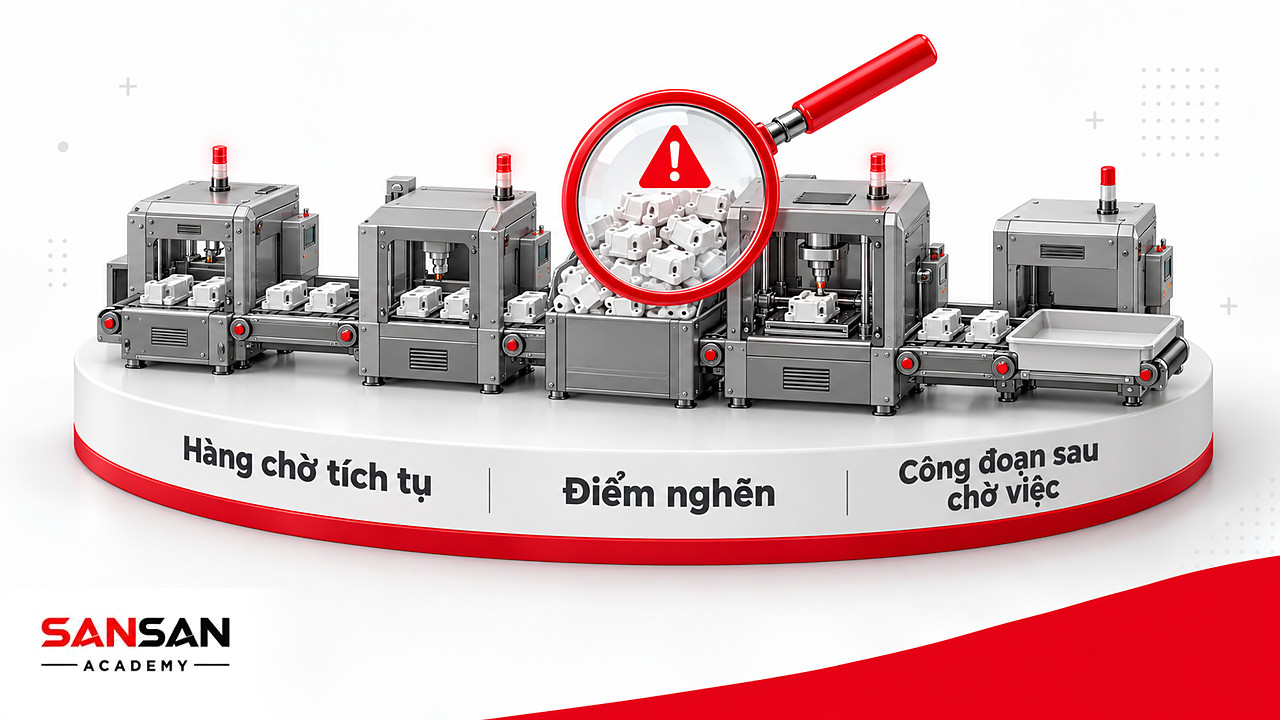 Kính lúp soi công đoạn tích hàng chờ, điểm nghẽn khiến công đoạn sau phải chờ việc trong quy trình sản xuất