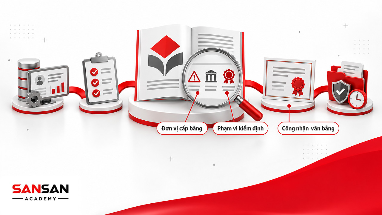 Kính lúp soi dòng chữ nhỏ trên tài liệu MBA để thấy đơn vị cấp bằng thật và phạm vi kiểm định của chương trình