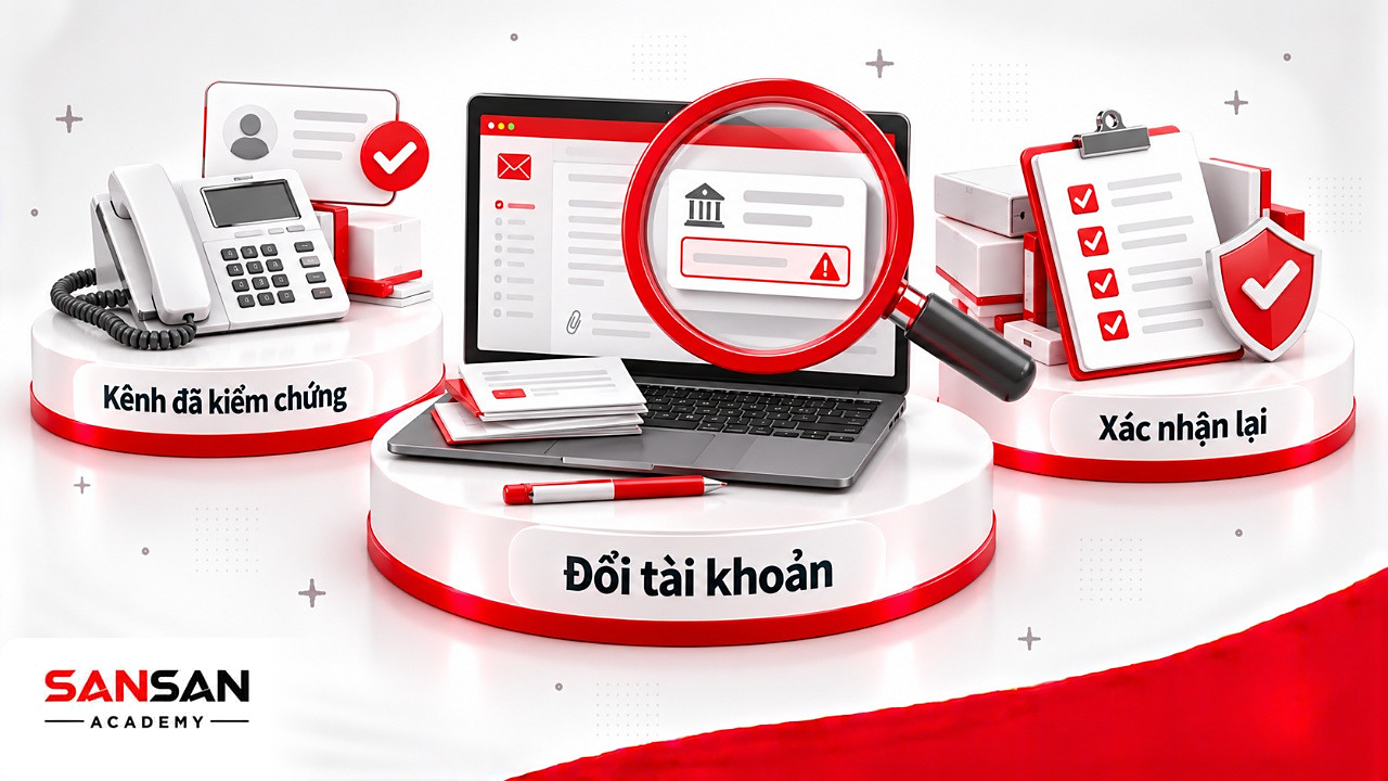 Kính lúp soi email yêu cầu đổi tài khoản nhận tiền của vendor, cạnh điện thoại dùng để xác nhận lại