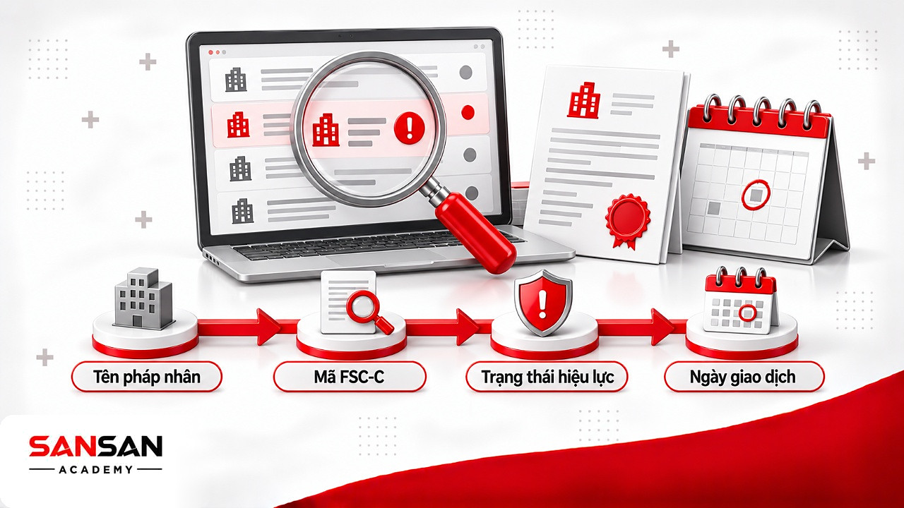 Kính lúp soi kết quả tra cứu FSC Search để đối chiếu tên pháp nhân, mã giấy phép FSC-C và trạng thái hiệu lực