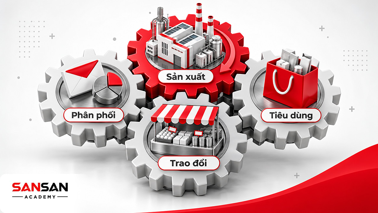 Bốn bánh răng sản xuất, phân phối, trao đổi và tiêu dùng ăn khớp trong hoạt động kinh tế