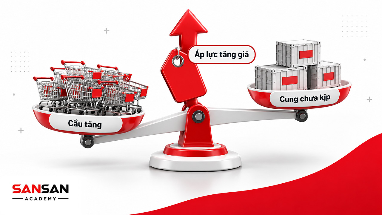 Cán cân cung cầu lệch về phía cầu đẩy giá tăng, minh họa cơ chế hình thành giá trong kinh tế