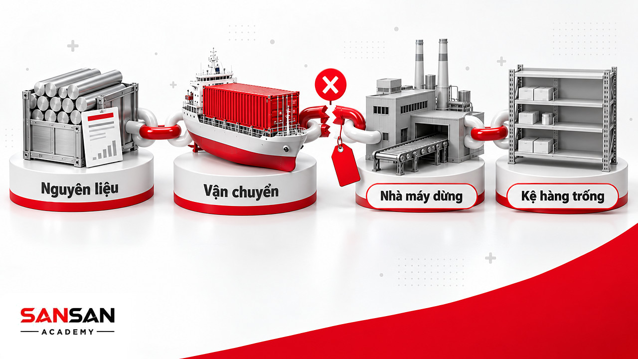 Chuỗi cung ứng đứt ở khâu vận chuyển làm nhà máy dừng và kệ hàng trống, một rủi ro của kinh tế
