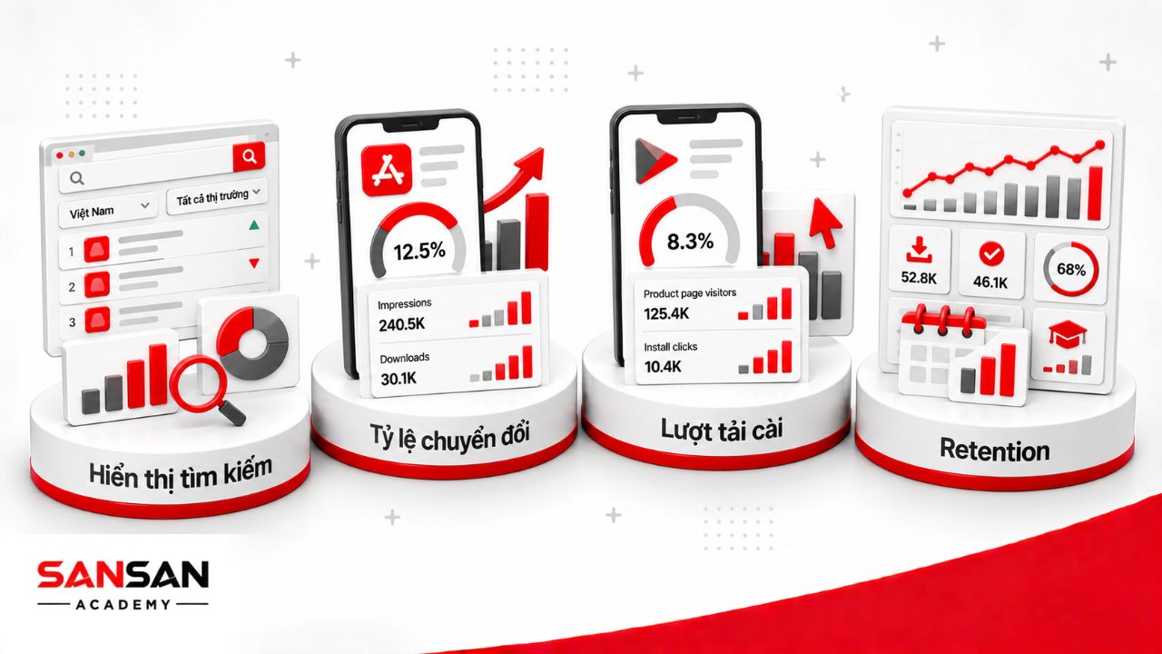 KPI ASO gồm khả năng hiển thị, thứ hạng từ khóa, tỷ lệ chuyển đổi, CTR, lượt tải, lượt cài và retention sau cài đặt.