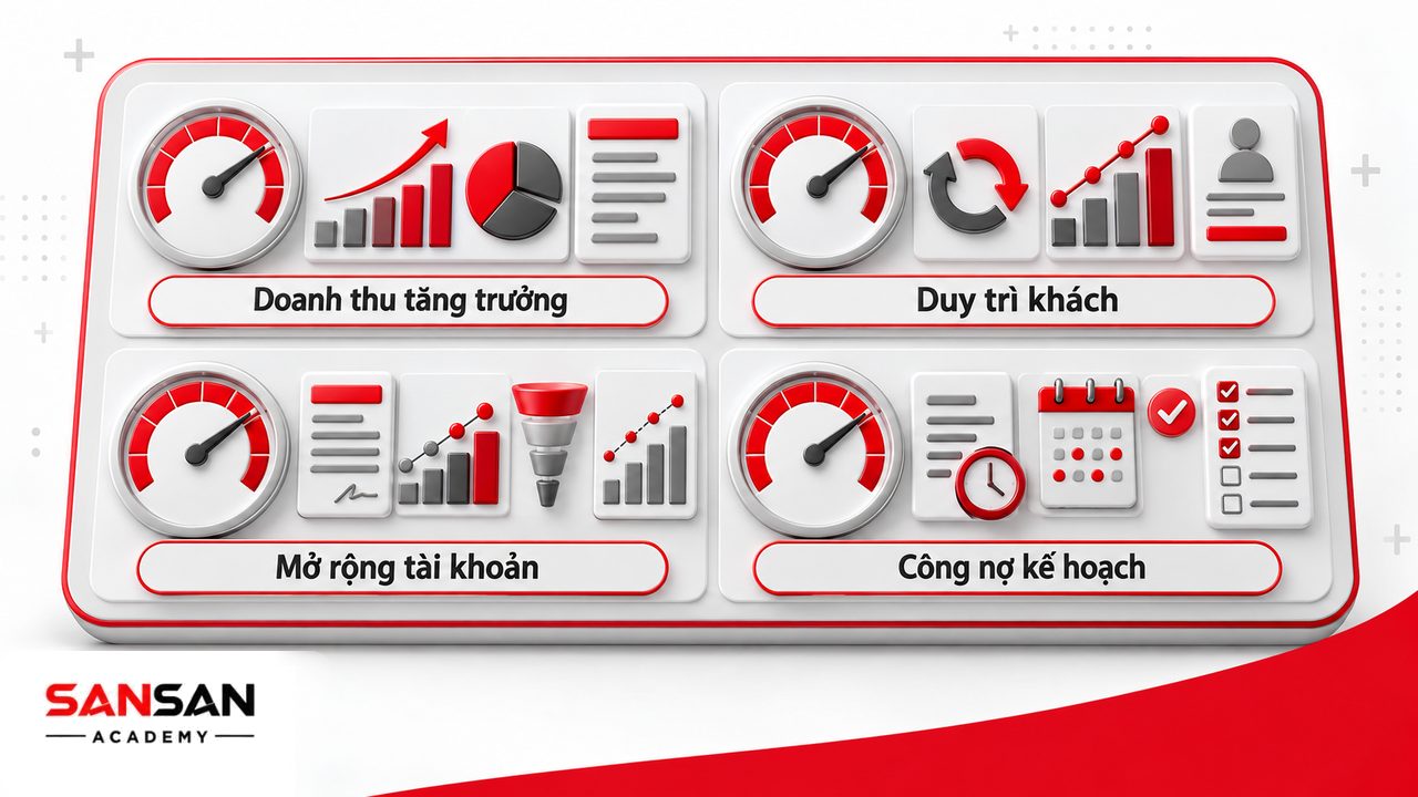KPI Key Account Manager gồm doanh thu, tăng trưởng, duy trì khách hàng, giá trị hợp đồng, pipeline mở rộng, công nợ và tiến độ account plan.