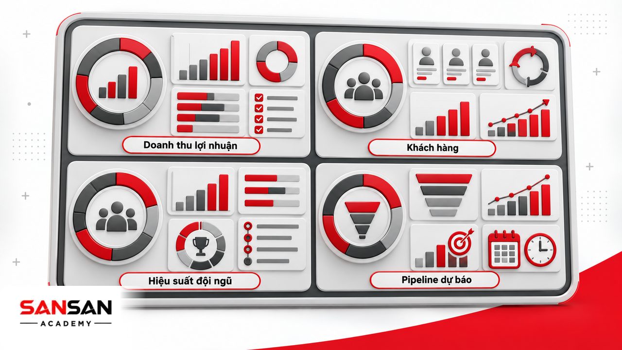 KPI trưởng phòng kinh doanh gồm doanh thu, lợi nhuận, khách hàng, năng suất đội ngũ, pipeline, tỷ lệ chuyển đổi và dự báo.