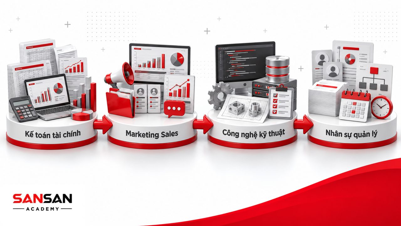 Kỹ năng chuyên môn theo ngành gồm kế toán tài chính, Marketing Sales, công nghệ kỹ thuật, nhân sự và quản lý.
